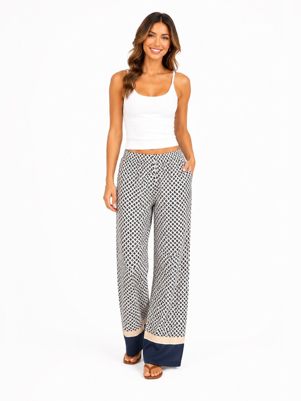 H&M Wide Leg Patterned Black & White Pants with Navy Trim